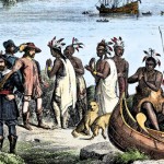 Henry Hudson meeting with Native Americans along the Hudson River, 1609. Hand-colored woodcut of a 19th-century illustration
